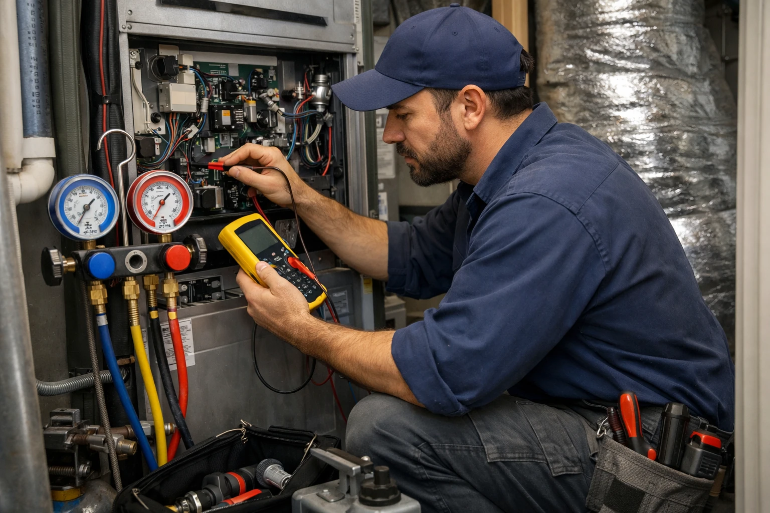 HVAC Technician Diagnosing AC System